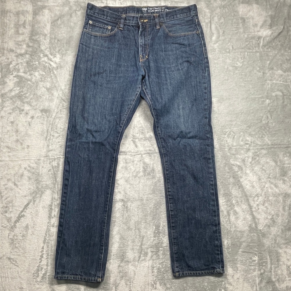 Gap Slim Straight Fit Jeans Mens 35x32 Dark Wash Blue‎ 100% Cotton Denim